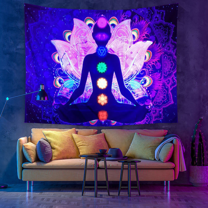 Olivenorma Blacklight UV Reactive Wall Tapestry - Meditation & Chakra Lotus - Flannel - 180*230cm - image 0