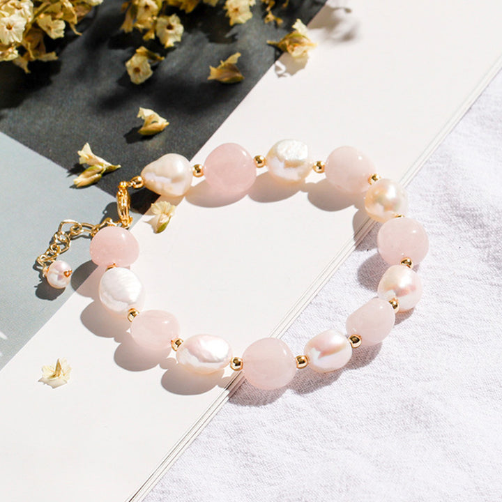 Natural Crystal Pearl Gemstone Bracelet - Rose Quartz - image 2
