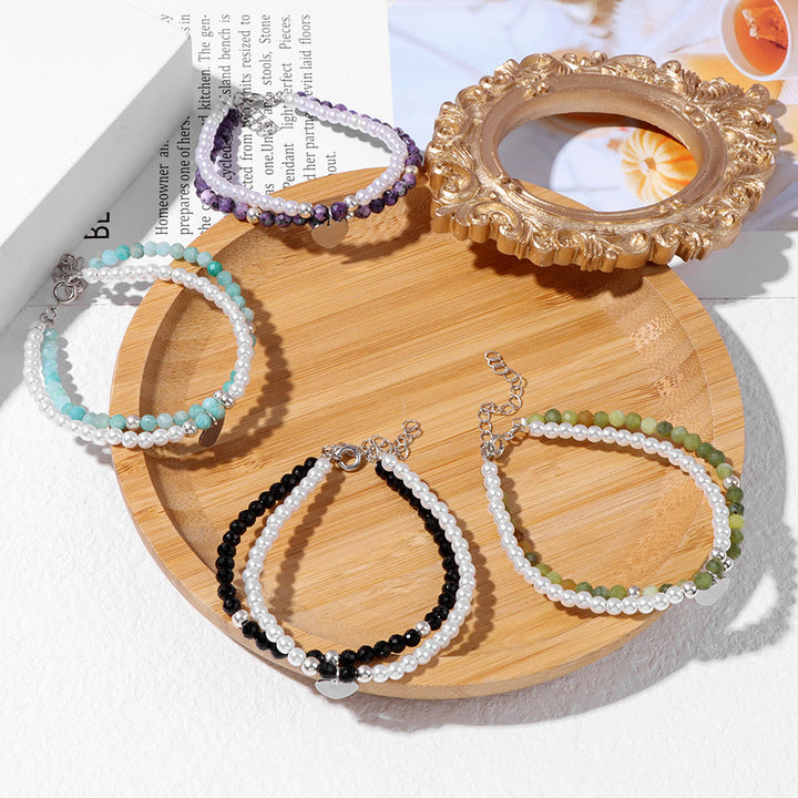 Olivenorma Faceted Stone Pearl Heart Charm Double Layer Bracelet - image 0