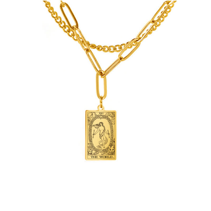 Olivenorma Tarot Card Double Chain Necklace - Gold - The World - image 14