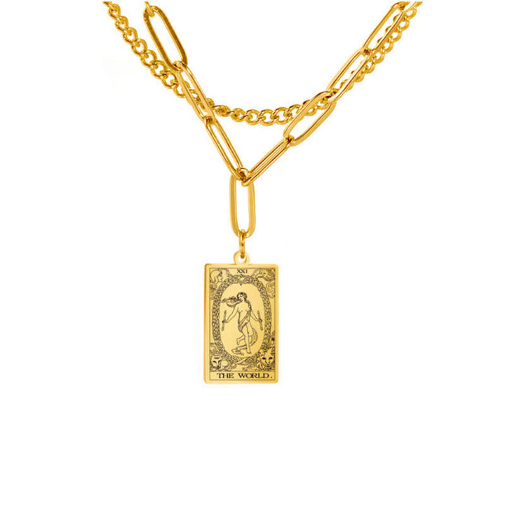Olivenorma Tarot Card Double Chain Necklace - Gold - The World - image 14