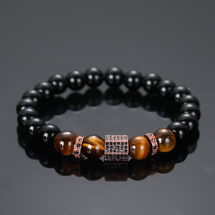 Olivenorma Men's Frosted Black Bead Tiger Eye Bracelet - Glossy Surface - Rose Gold - image 9