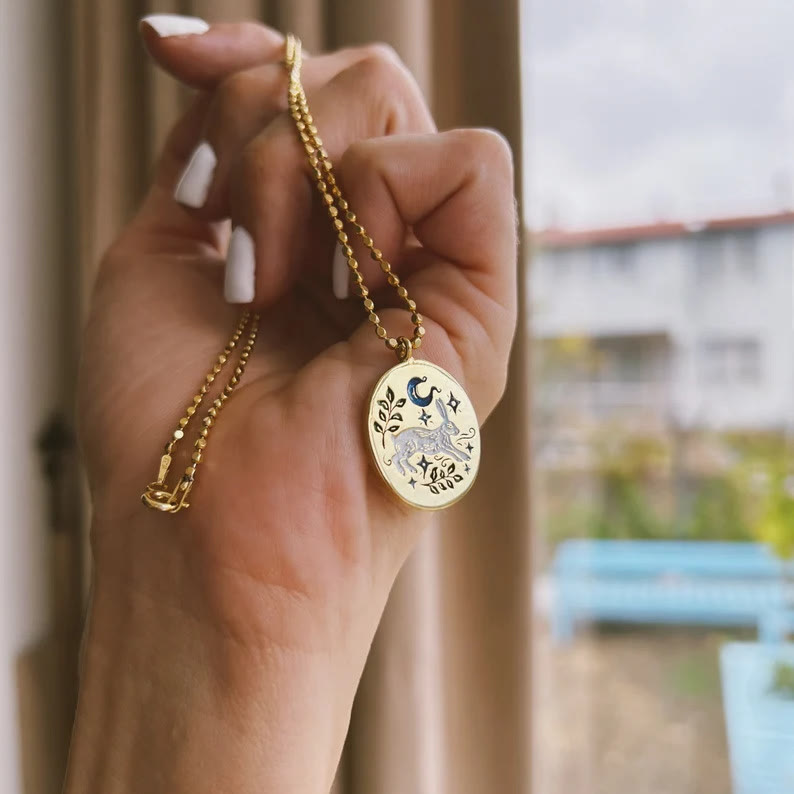 Olivenorma Hand Painted Dripping Oil Rabbit Zodiac Elements Necklace - Golden Oval Rabbit - image 0