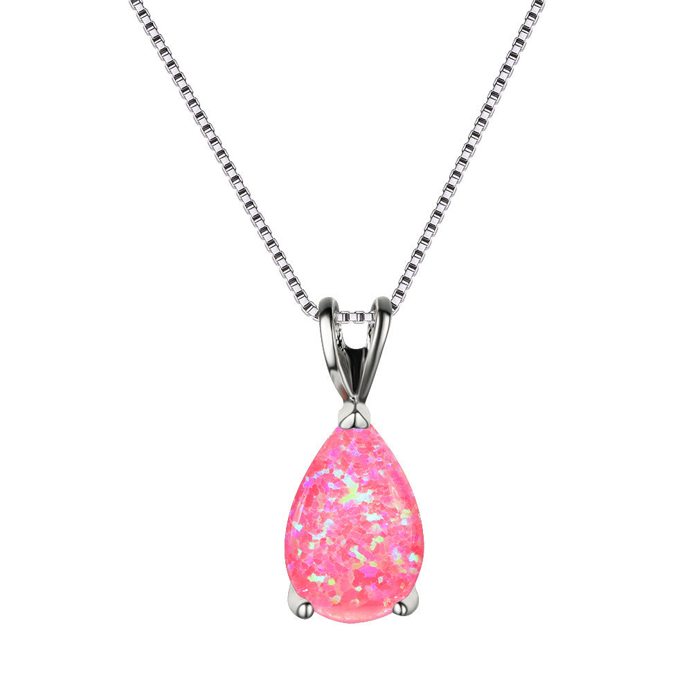 Olivenorma Synthetic Opal Water Drop Pendant Simple Necklace - Pink Opal&Silver - image 11