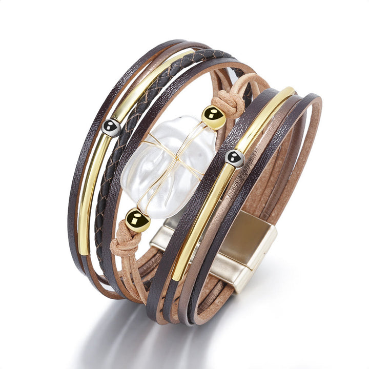 Olivenorma Natural Freshwater Pearl Braided Leather Bracelet - Brown - image 4
