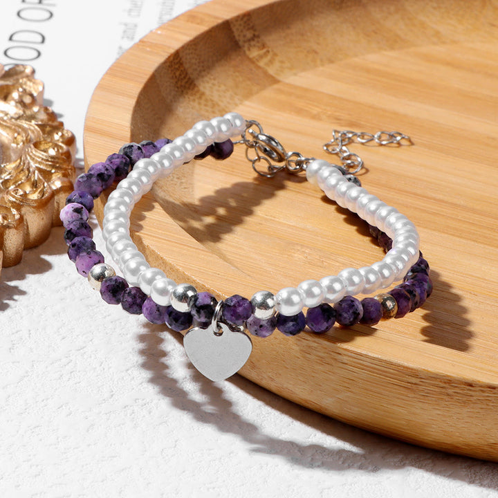 Olivenorma Faceted Stone Pearl Heart Charm Double Layer Bracelet - image 17