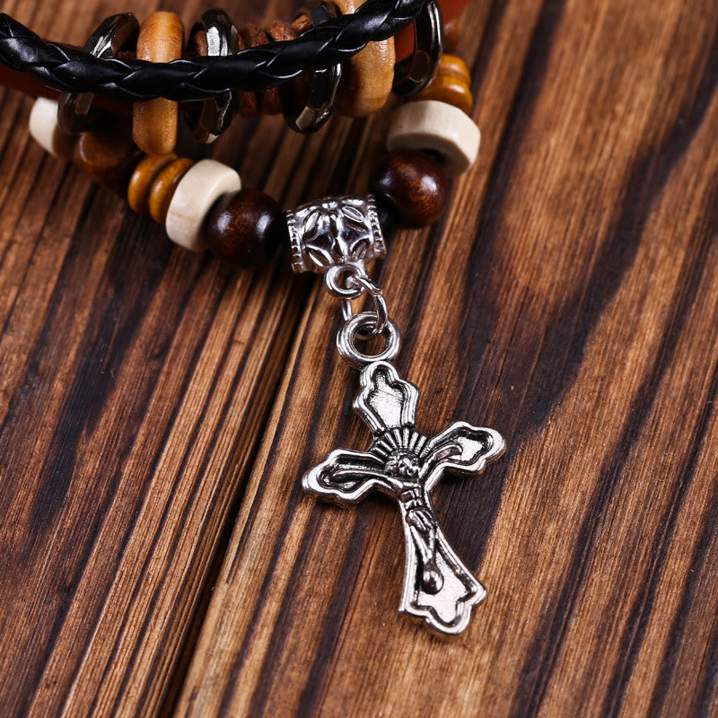 Olivenorma Cross Star Pendant Leather Braided Men Bracelet - image 2