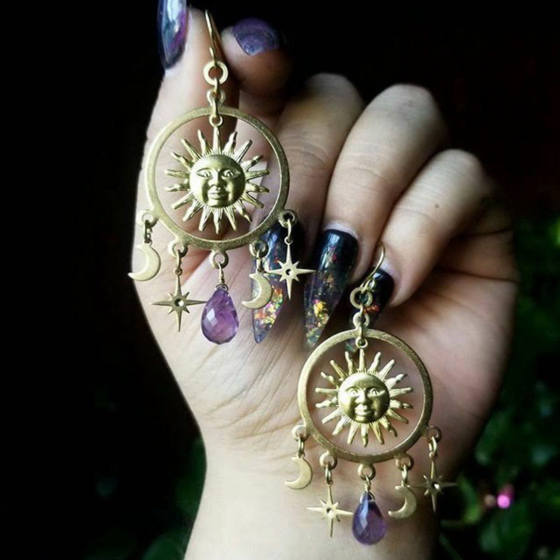 Olivenorma Natural Raindrop Crystal Gold Sun Moon Star Earrings - Amethyst - image 0