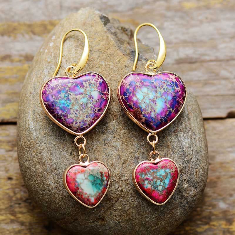 Olivenorma Purple & Rose Red Emperor Stone Double Heart Drop Earrings - image 1