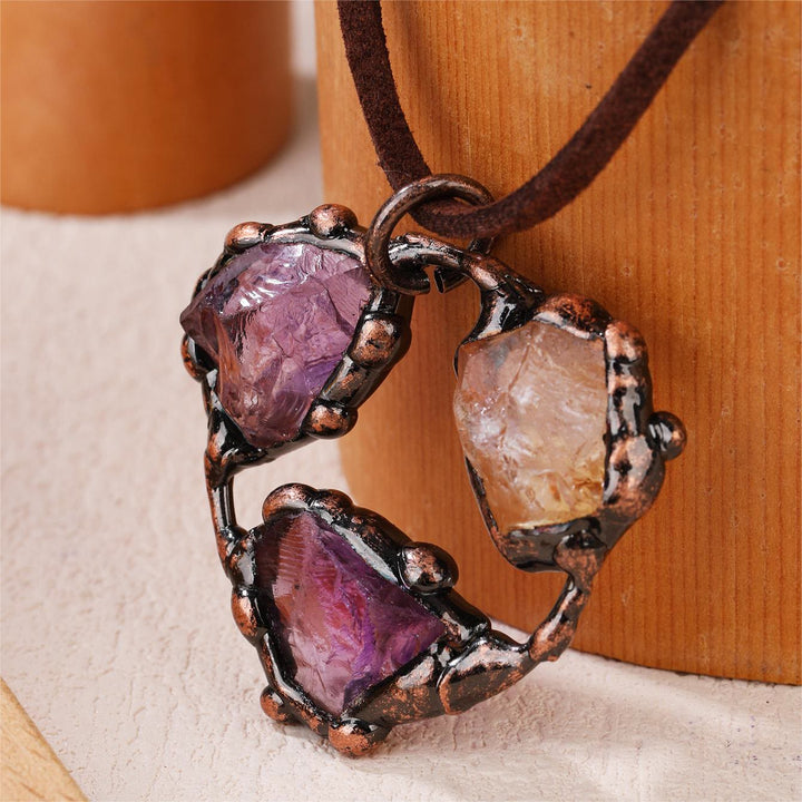 OlivenormaNatural Rough Stone Irregular Pendant Leather Rope Necklace - Amethyst&Citrine - image 6