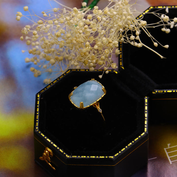 Olivenorma Large Square Aquamarine Black Onyx Vintage Ring - image 3