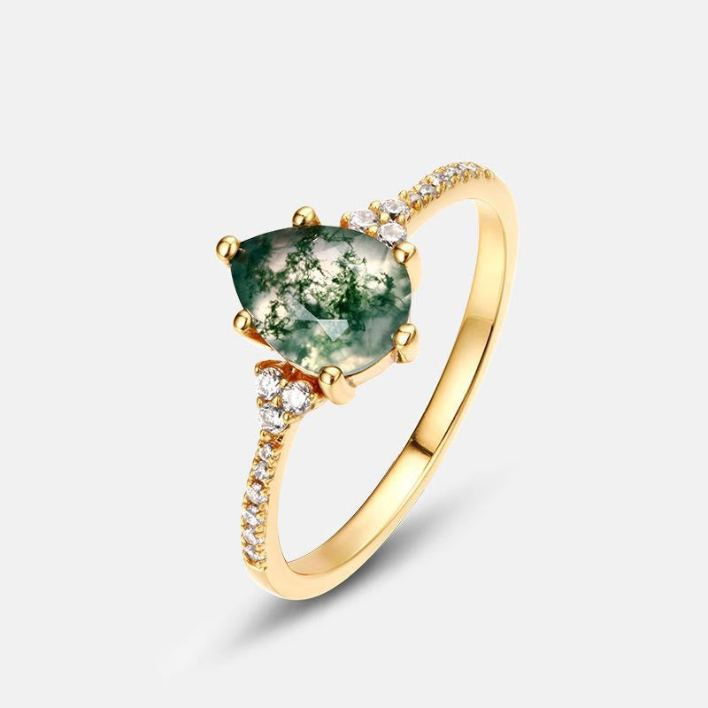 Olivenorma Moss Agate White Zircon Six Claw Ring - Golden - 8 - image 2