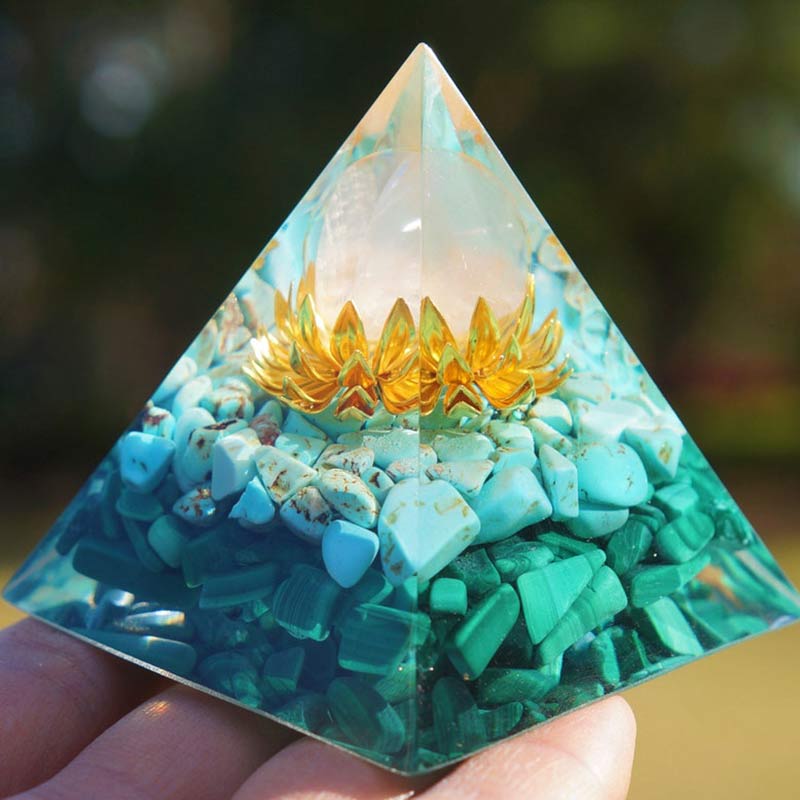 Clear Crystal Turquoise Malachite Lotus Symbol Orgone Pyramid - image 1