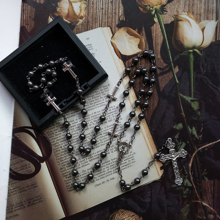 Olivenorma Hematite Jesus Medal Cross Rosary Necklace - Hematite&Cross - image 0