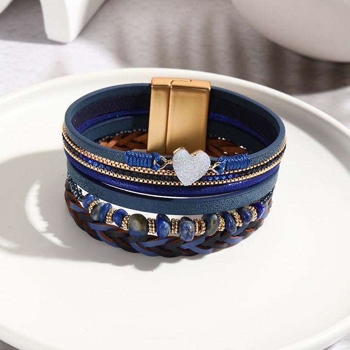 Olivenorma Natural Crystal Beaded Heart Charm Leather Bracelet - Blue Sodalite - image 0