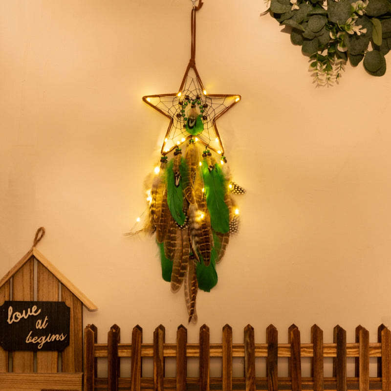 Olivenorma Natural Green Wooden Beads Peacock Feather Dream Catcher - Star - With Lights - image 4