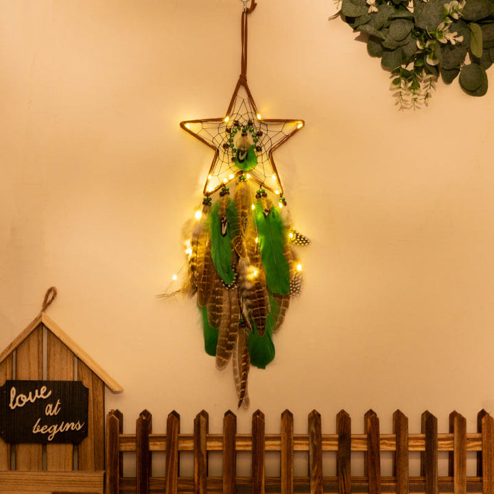Olivenorma Natural Green Wooden Beads Peacock Feather Dream Catcher - Star - With Lights - image 4