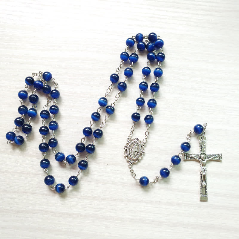 Olivenorma Blue Cat's Eye 8mm Stone Cross Rosary Necklace - image 3