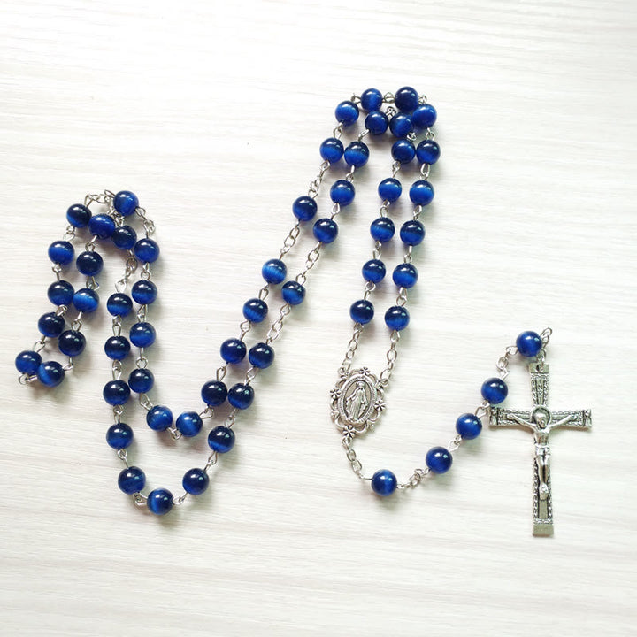Olivenorma Blue Cat's Eye 8mm Stone Cross Rosary Necklace - image 3