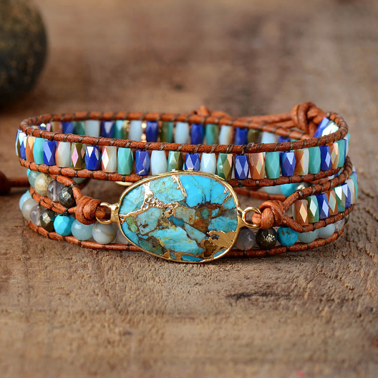Olivenorma Oval Turquoise Bracelet Crystal Bead Woven Wrap Bracelet - image 2