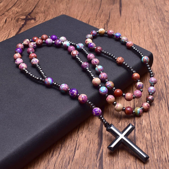 Olivenorma Natural Stone Cross Pandant Rosary Necklace - Purple Emperor Stone - image 0