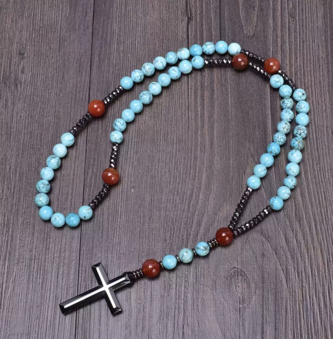 Olivenorma Cross Catholic Natural Stone Rosary Pendant Necklace - Turquoise - image 5