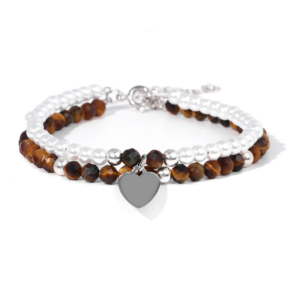 Olivenorma Faceted Stone Pearl Heart Charm Double Layer Bracelet - Tiger Eye&Pearl - image 1