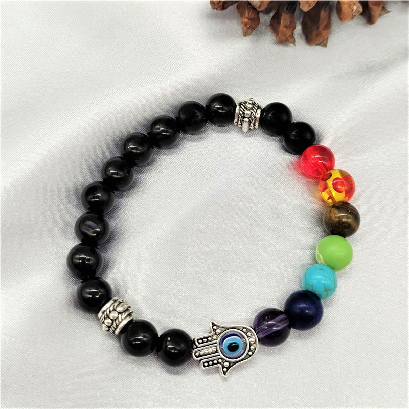 Olivenorma Colorful Chakra Evil Eye Hamsa Beaded Bracelet - Black Onyx - image 10