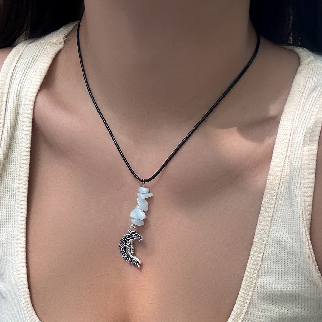 Olivenorma Natural Stone Butterfly Tassel Leather Wax Thread Necklace - Moonstone - image 6