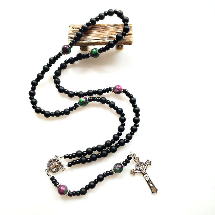 Olivenorma Black Onyx Ruby Zoisite Cross Rosary Necklace - image 4