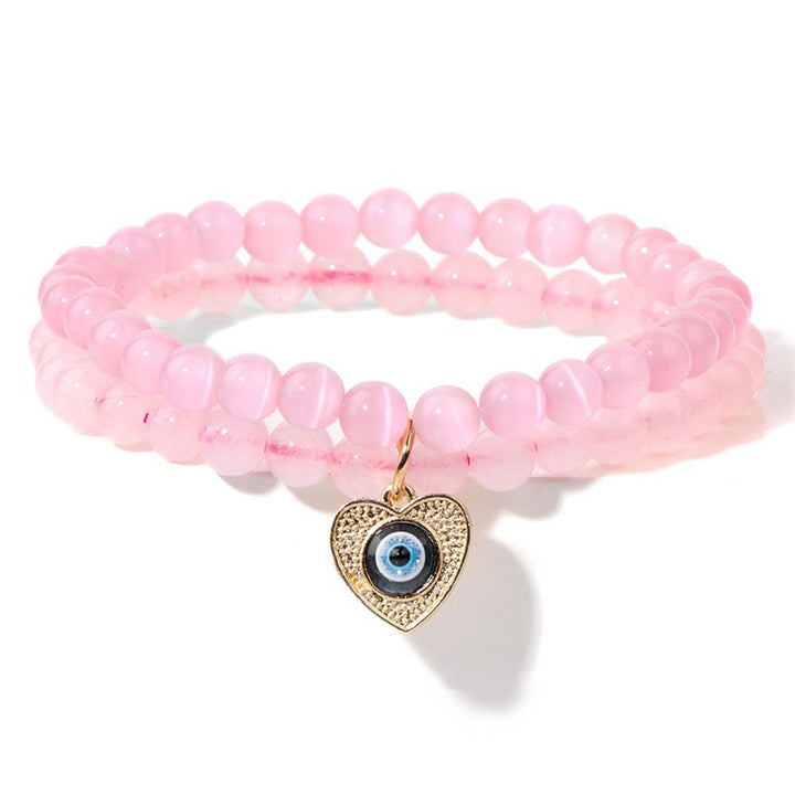 Olivenorma Cat's Eye Stone Evil Eye Pendant Double Layer Bracelet - Pink - image 2