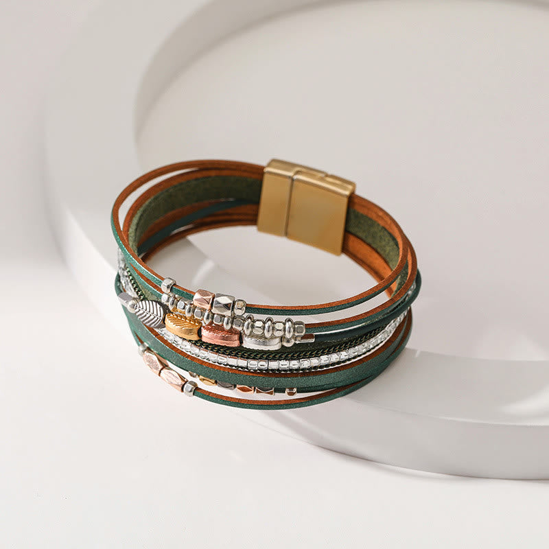 Olivenorma Hematite White Zircon Leaf Tiered Leather Bracelet - image 2