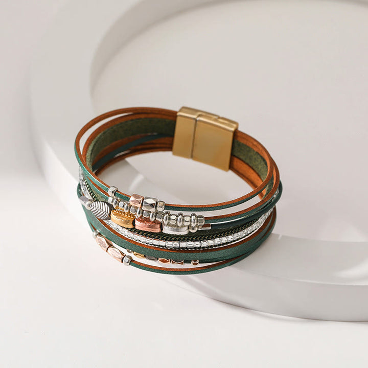 Olivenorma Hematite White Zircon Leaf Tiered Leather Bracelet - image 2