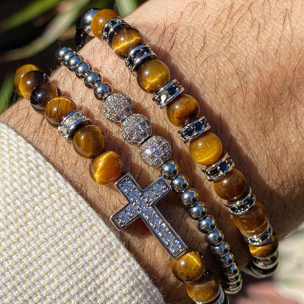 Olivenorma 3Pcs/Set Tiger Eye Stone Beaded Men Cross Bracelet - image 1