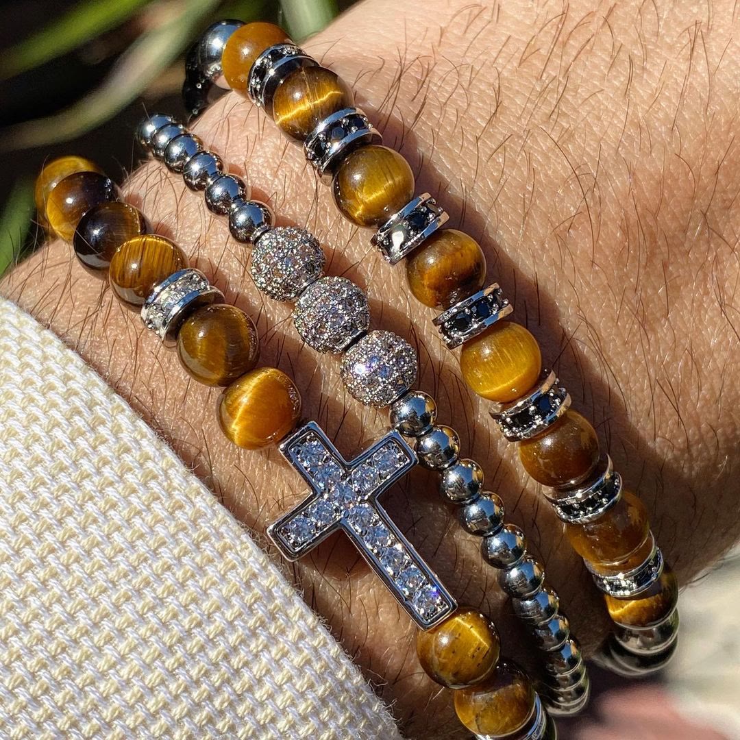 Olivenorma 3Pcs/Set Tiger Eye Stone Beaded Men Cross Bracelet - image 1