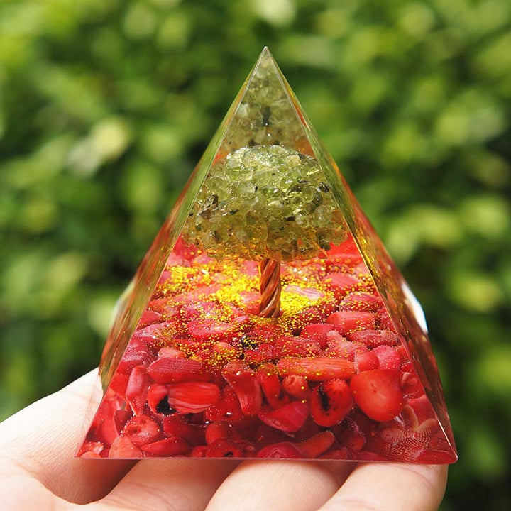 Olivenorma Peridot With Red Coral Tree Of Life Orgone Pyramid - image 4