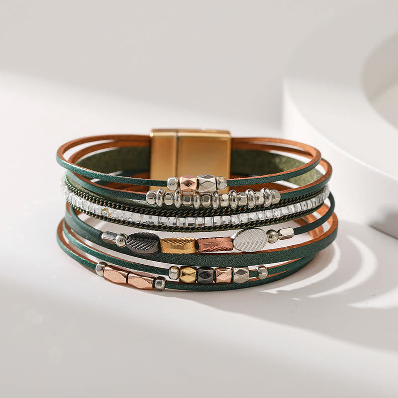 Olivenorma Hematite White Zircon Leaf Tiered Leather Bracelet - image 1