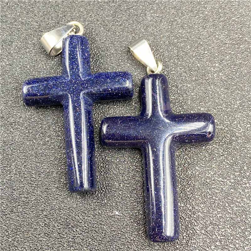 Olivenorma Natural Crystal Cross Healing Pendant - Blue Sandstone - image 9