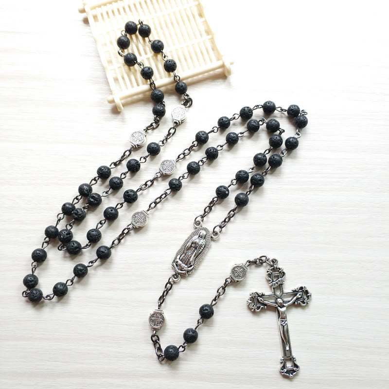 Olivenorma Lava Stone Catholic Cross Pendant Rosary Necklace - image 2