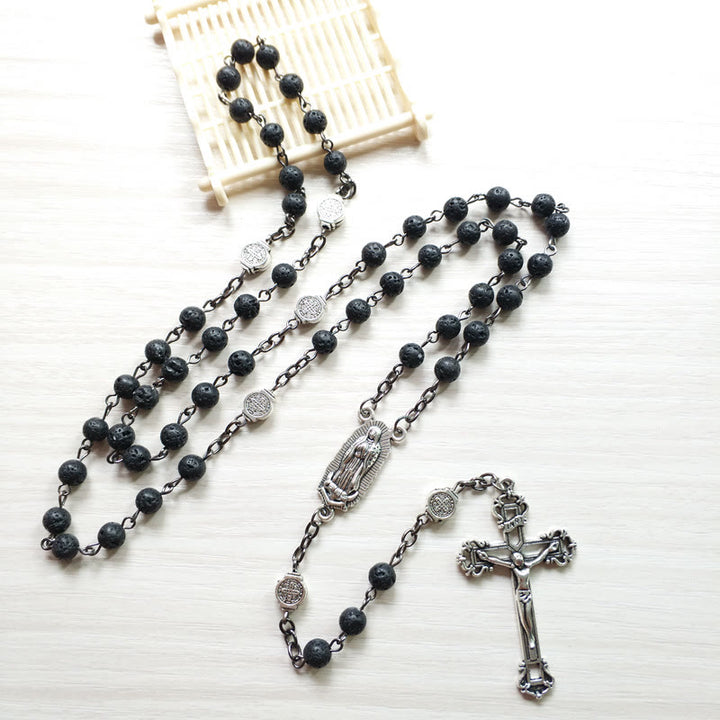 Olivenorma Lava Stone Catholic Cross Pendant Rosary Necklace - image 2