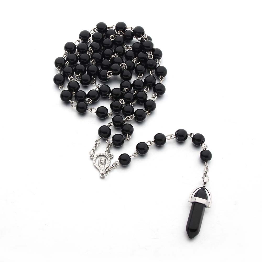 Olivenorma Obsidian Christianity Crystal Hexagon Pendant Rosary Necklace - image 4