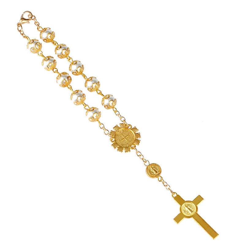 Olivenorma Christianity Lace Glass Rose Cross Roseary Bracelet - image 4