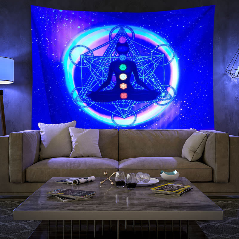 Olivenorma Blacklight UV Reactive Wall Tapestry - Meditation & Chakra Hexagram - Flannel - 180*230cm - image 3