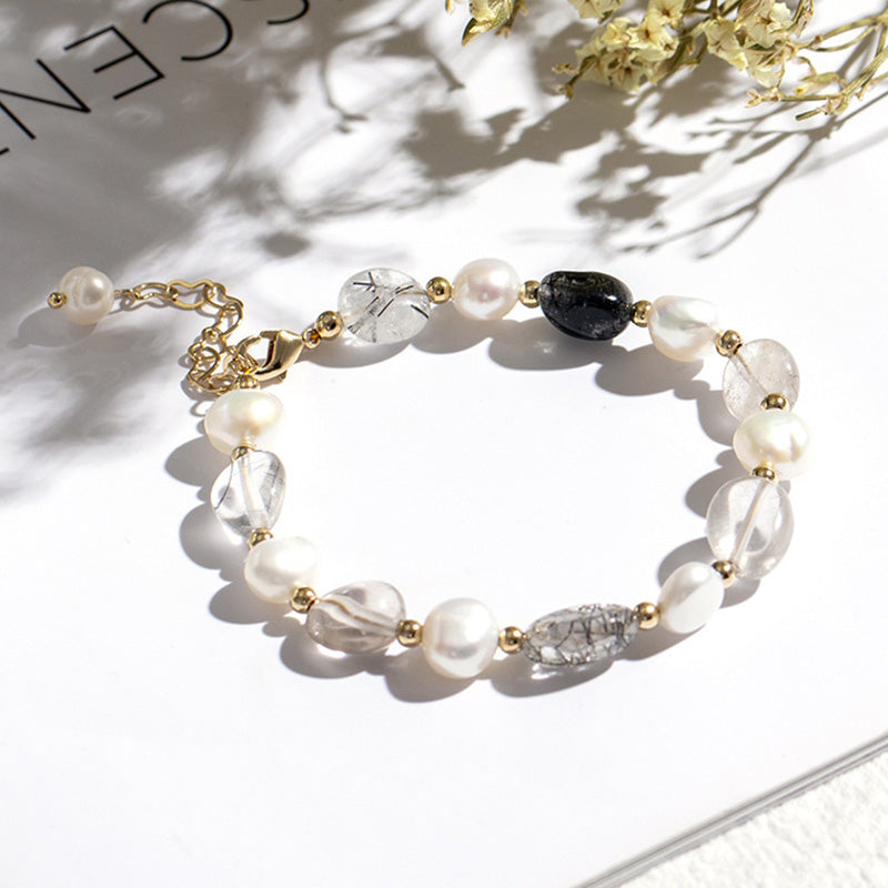 Natural Crystal Pearl Gemstone Bracelet - Black Rutilated - image 9