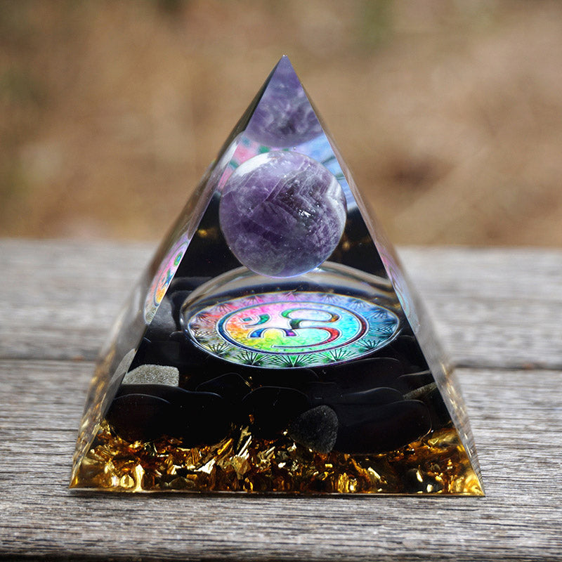 Olivenorma Natural Amethyst With Obsidian OM Symbol Orgone Pyramid - image 3