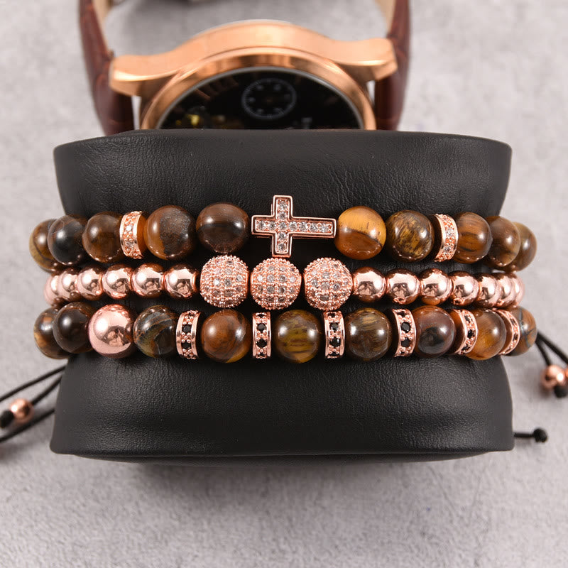 Olivenorma 3Pcs/Set Tiger Eye Stone Beaded Men Cross Bracelet - Rose Gold - Tiger Eye - image 5