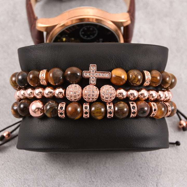Olivenorma 3Pcs/Set Tiger Eye Stone Beaded Men Cross Bracelet - Rose Gold - Tiger Eye - image 5