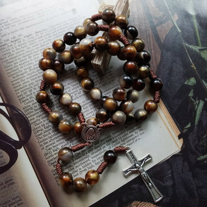 Olivenorma 10mm Agate Beads Jesus Cross Pendant Rosary Necklace - image 2