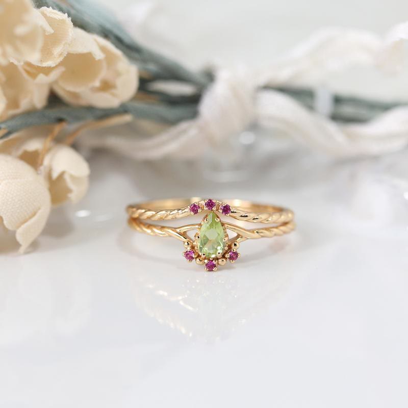Olivenorma Dainty Peridot Pink Crystal Stacking Adjustable Ring Set - Peridot&Pink Crystal - image 0