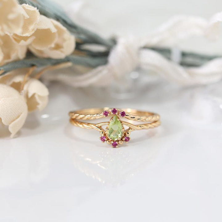 Olivenorma Dainty Peridot Pink Crystal Stacking Adjustable Ring Set - Peridot&Pink Crystal - image 0